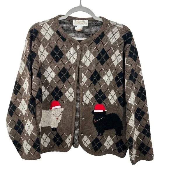Vintage Tally-Ho Argyle Sheep Christmas Cardigan Sweater Brown Quirky Grannycore - Picture 1 of 6